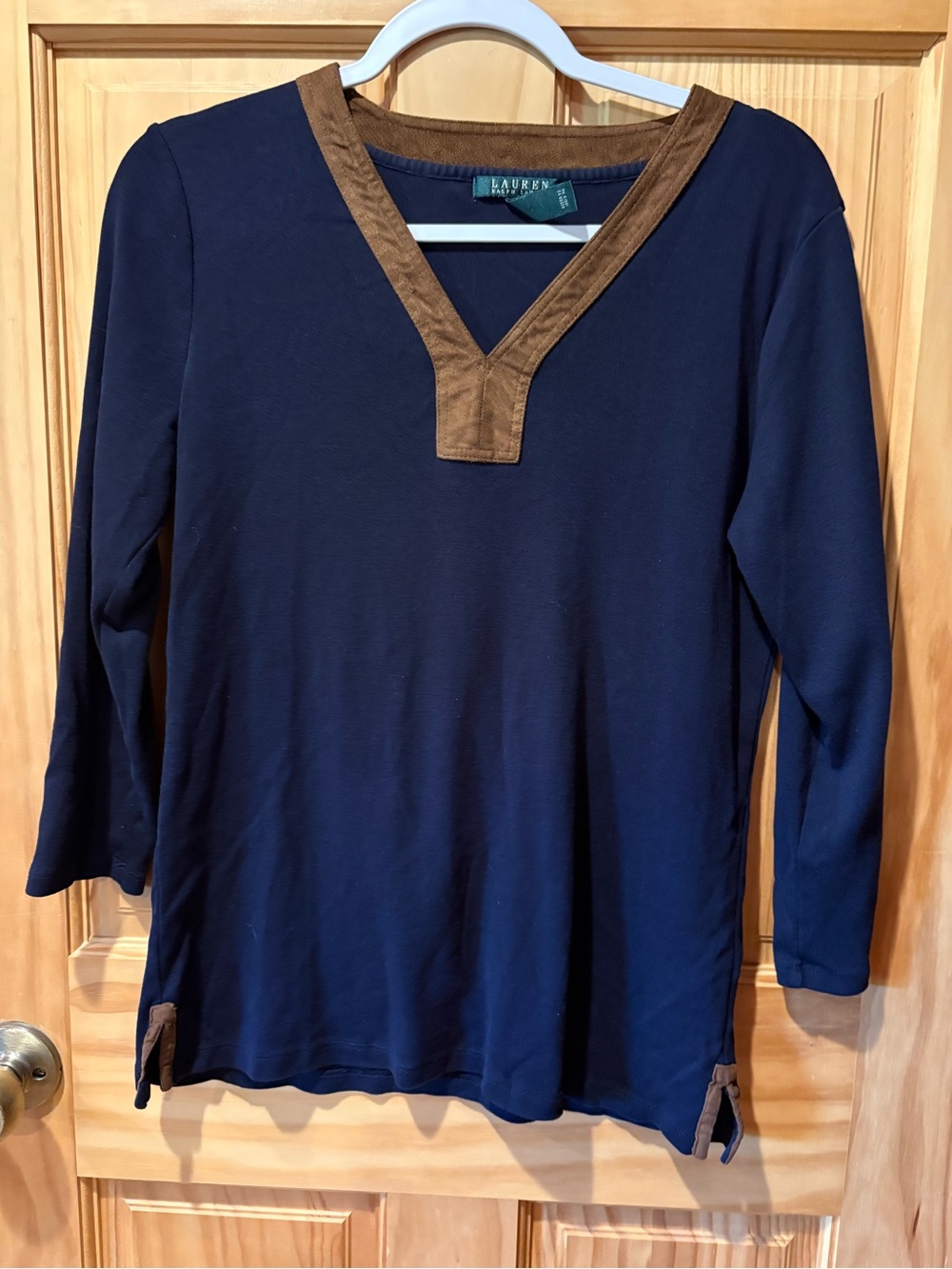 Lauren Ralph Lauren Navy Blue Faux Suede Trim V-Neck Cotton Tunic Top Women’s L